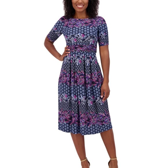 Jessica Howard Women’s Printed Ruched-Sleeve Midi Dress – NWT – Size 16 - Picture 2 of 4